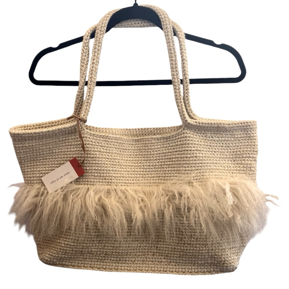 NWT Moods and Madness crochet tote with sheep fur trim